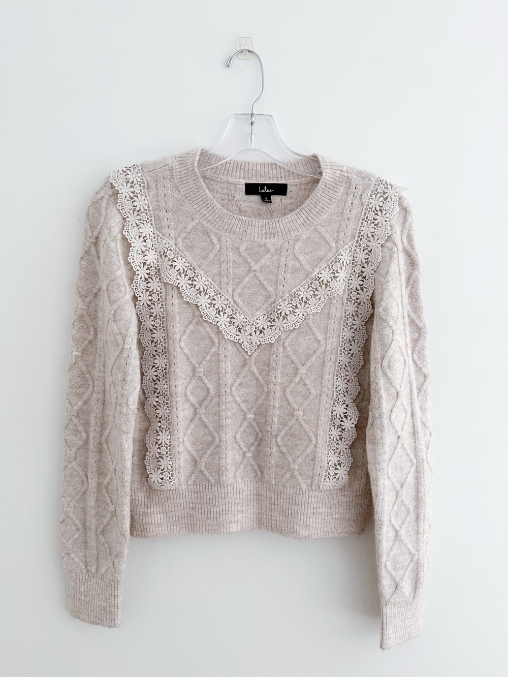 Lulu's Lace Trim Cable Knit Romantic Coquette Cottagecore Cream Sweater Size S